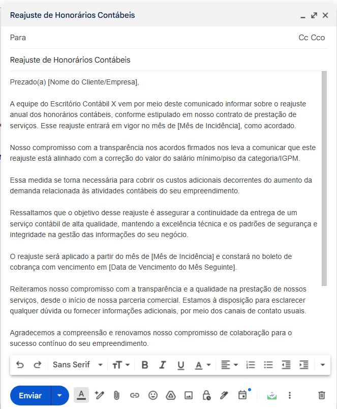 modelo de e-mail de reajuste aumento de honorário contábil